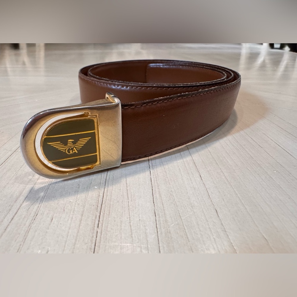 Vintage Giorgio Armani Brown Leather Belt Gold GA Eagle Buckle - Made in Italy